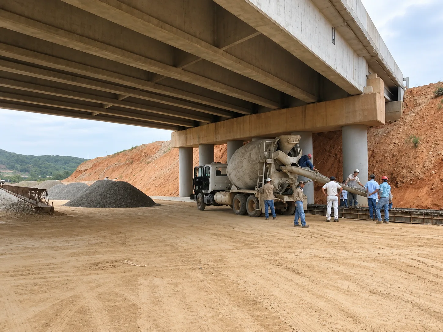 Vaciado de concreto con camión mixer bajo estribos y pilas del viaducto con cuadrilla técnica de Vialpa en obra de arte