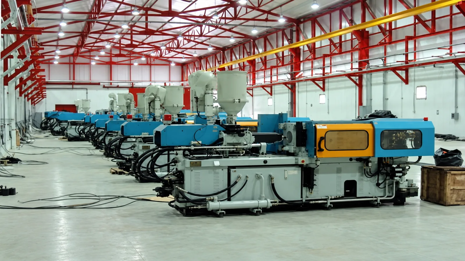 Batería de máquinas de inyección de plástico de alta precisión instaladas en el módulo de producción con conexiones neumáticas y eléctricas
