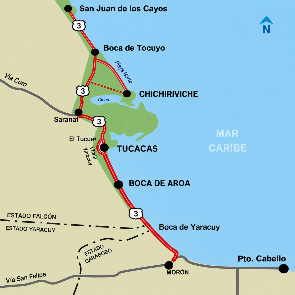 Plano cartográfico del corredor vial Morón – Boca de Aroa – Tucacas – Chichiriviche (Troncal 3) sobre la costa del Mar Caribe