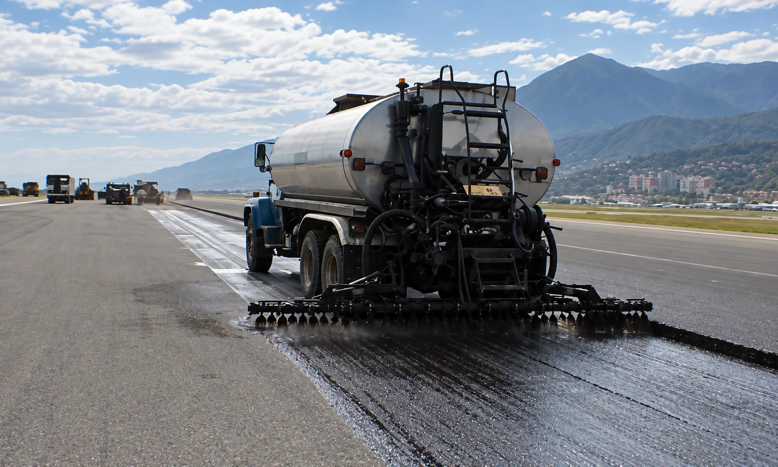 Camión distribuidor de asfalto aplicando riego de adherencia con barra esparcidora presurizada sobre la superficie fresada de la pista principal, con el macizo montañoso de El Ávila de fondo