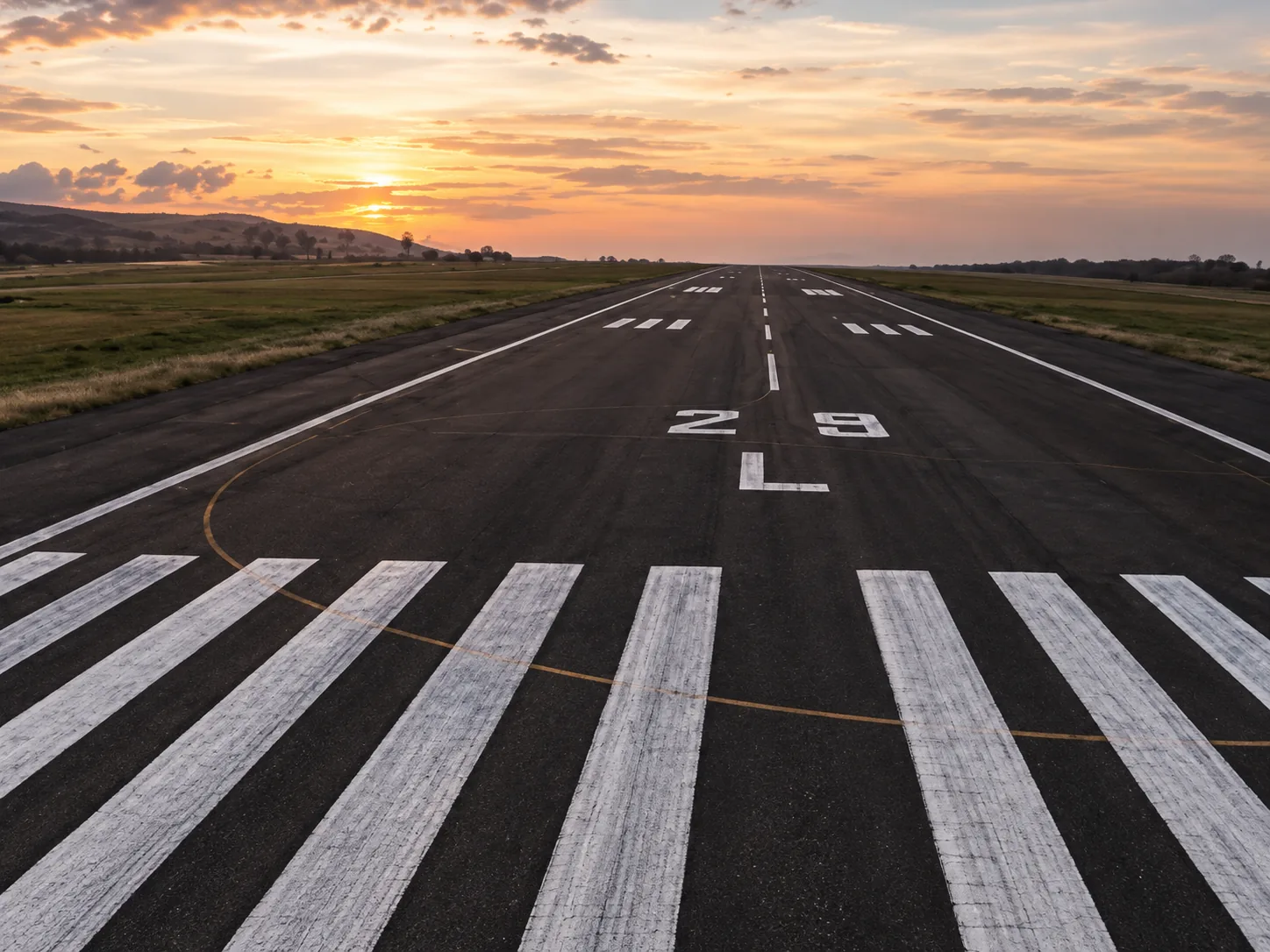 Cabecera 28L al atardecer: superficie de rodadura asfáltica recién colocada con 2.700 metros de extensión y 60 metros de sección transversal, con señalización horizontal completa