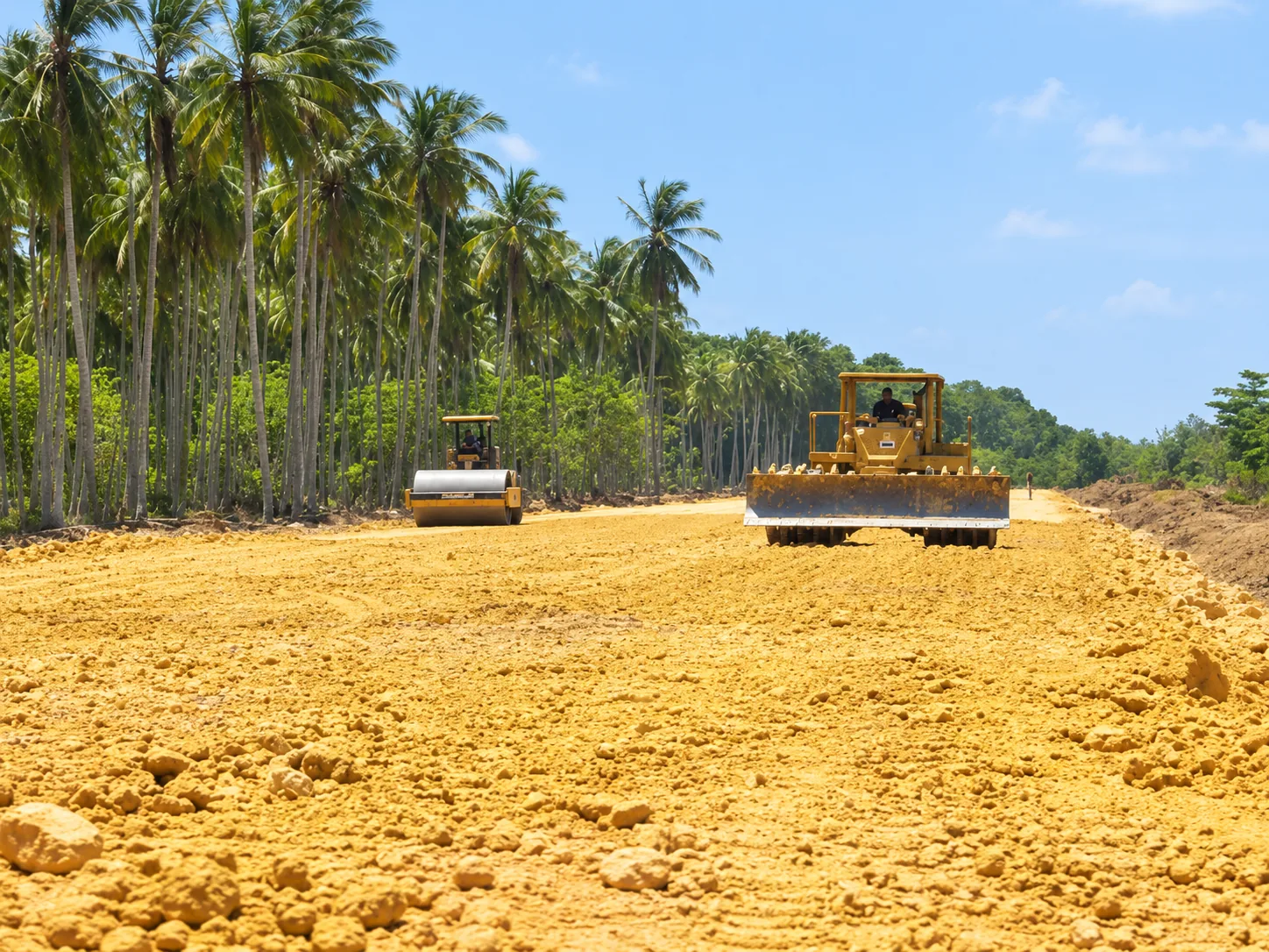 Conformación y compactación de terraplén y sub-base granular con tractor de orugas y rodillo vibratorio pesado