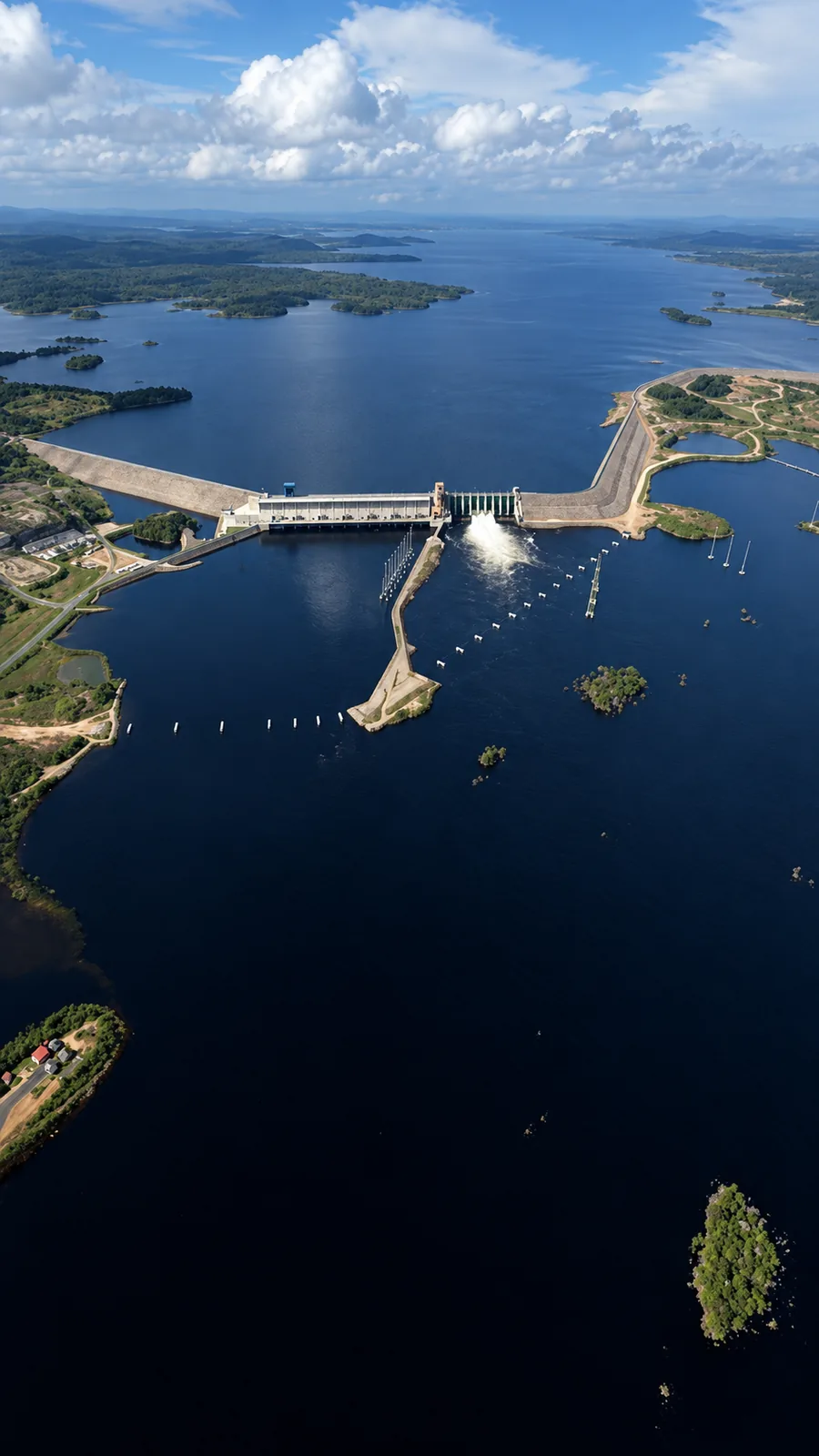 Perspectiva aérea de conjunto del embalse Caruachi, presa de enrocamiento, casa de máquinas y cuenca del río Caroní