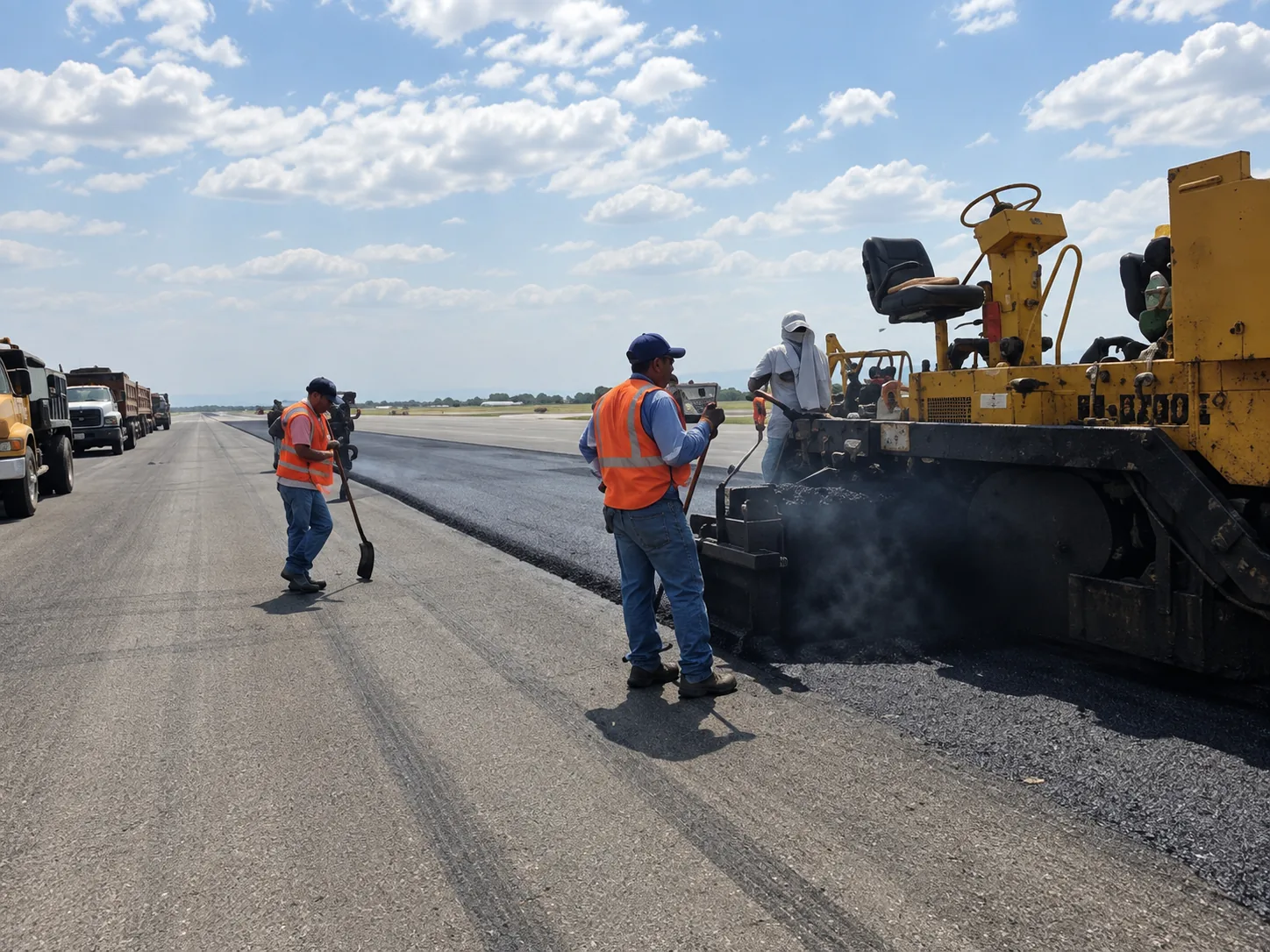 Frente de pavimentación en plena operación sobre la Pista 09-27: pavimentadora pesada recibiendo mezcla asfáltica y tren de volteos suministrando material continuo bajo ventana operativa programada