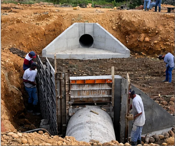 Obras de drenaje transversal y estructuras de arte: encofrado metálico y vaciado de concreto para cabezales y aletas de alcantarilla tubular mayor