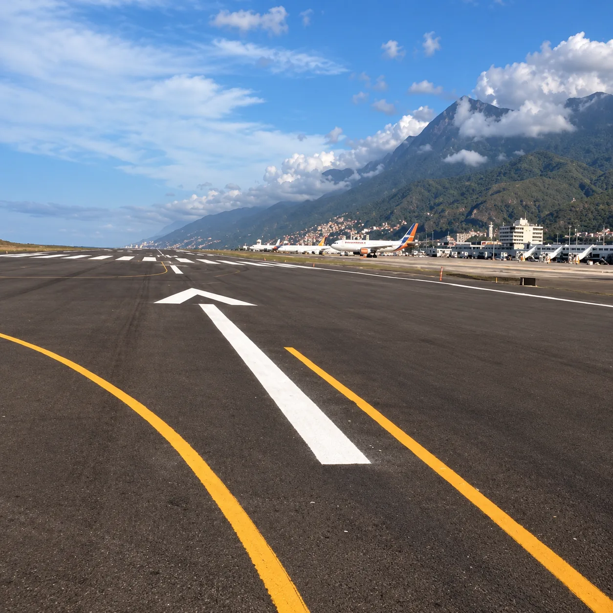 Interconexión y calle de salida rápida con demarcación direccional amarilla hacia rampas y terminal nacional e internacional, frente a la cordillera de la Costa