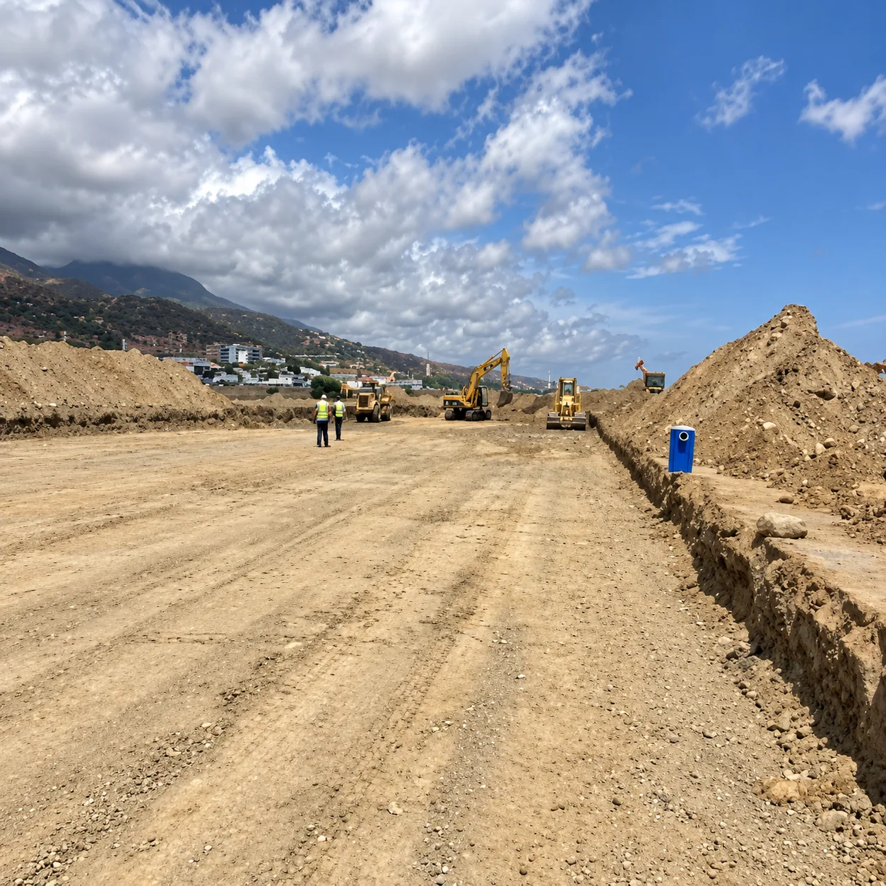 Excavación profunda y retiro de suelo contaminado para corrección de depresión intermedia: retroexcavadora de orugas, tractor y topografía de control