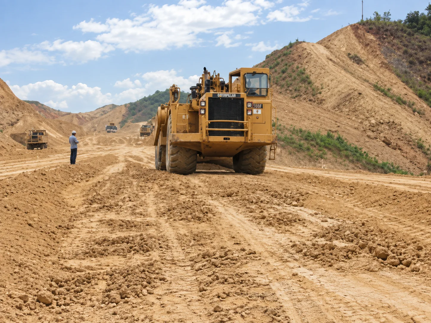 Operación de mototraílla pesada Caterpillar en explanación de terraplén y transporte masivo de material en corte montañoso