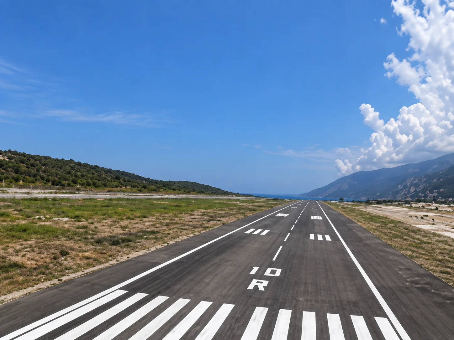 Umbral de la Pista 10R: demarcación reglamentaria de cabecera, eje de pista, fajas laterales y pavimento de alta capacidad para aeronaves de fuselaje ancho bajo normas FAA y OACI