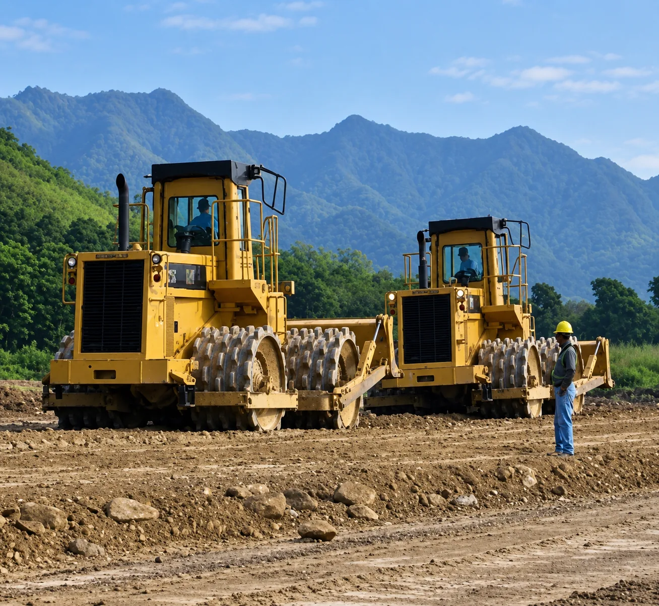 Conformación y compactación masiva de terraplén ferroviario: tren de compactadores de alta densidad Caterpillar 825 pata de cabra y control geotécnico de plataforma
