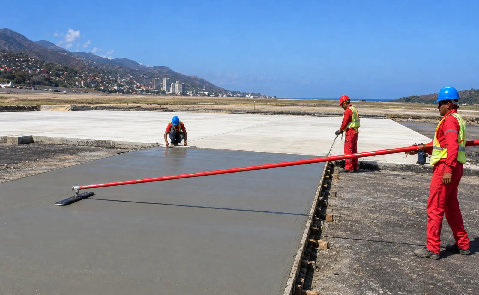 Vaciado y acabado superficial de losas rígidas de concreto hidráulico de alta resistencia en el umbral de pista, con personal técnico calificado y encofrados metálicos