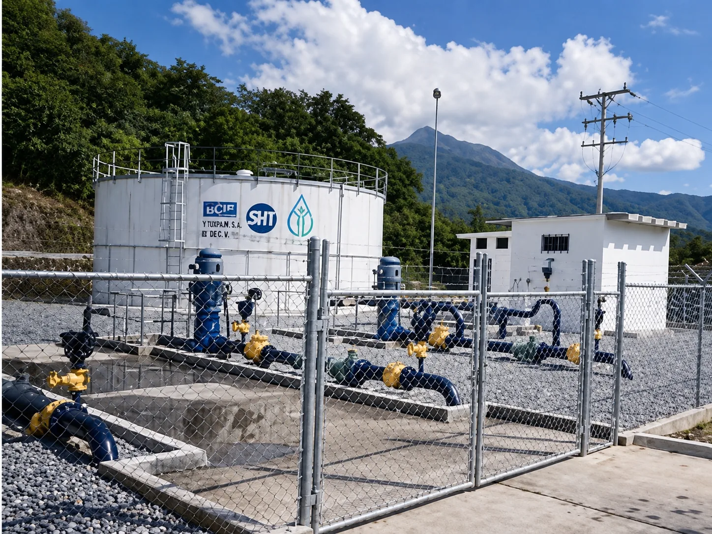 Vista general de la estación de bombeo con tanque de almacenamiento cilíndrico apernado, caseta de control electromecánico y múltiple de distribución exterior
