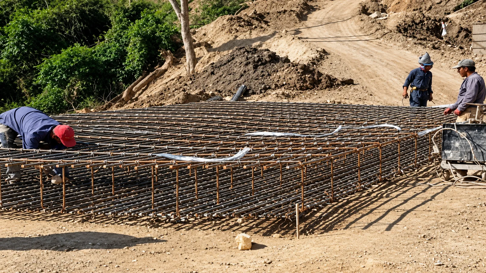 Armado de parrilla estructural de acero de refuerzo para losa de fundación y elementos colados in situ de la obra de drenaje transversal