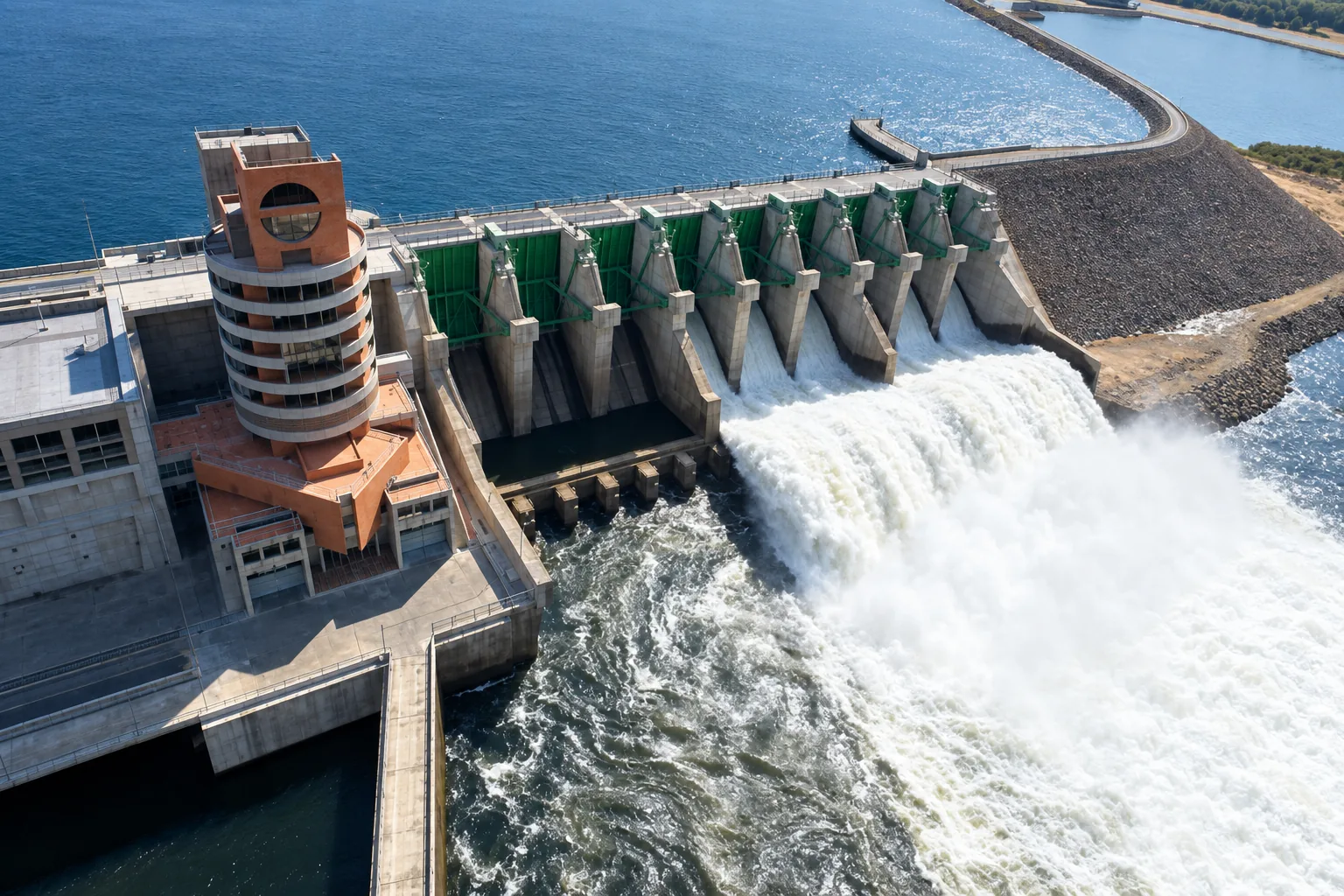 Aliviadero en descarga libre con compuertas radiales y torre arquitectónica de control de la central hidroeléctrica