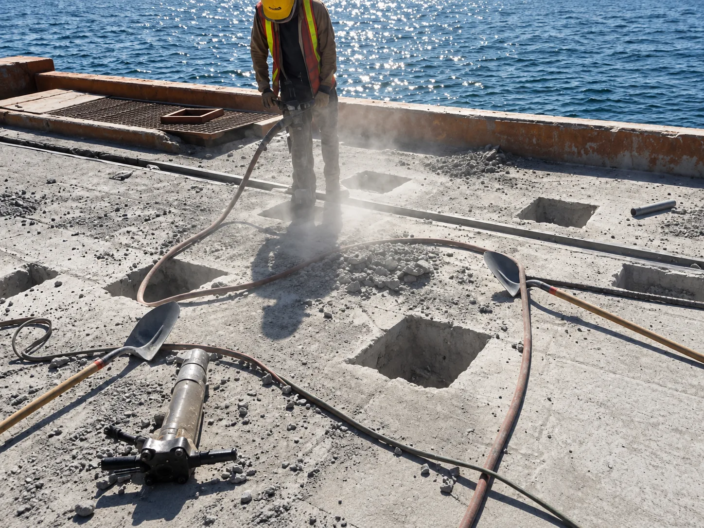 Operación de demolición técnica controlada con martillo neumático sobre losa de concreto del muelle para saneamiento estructural