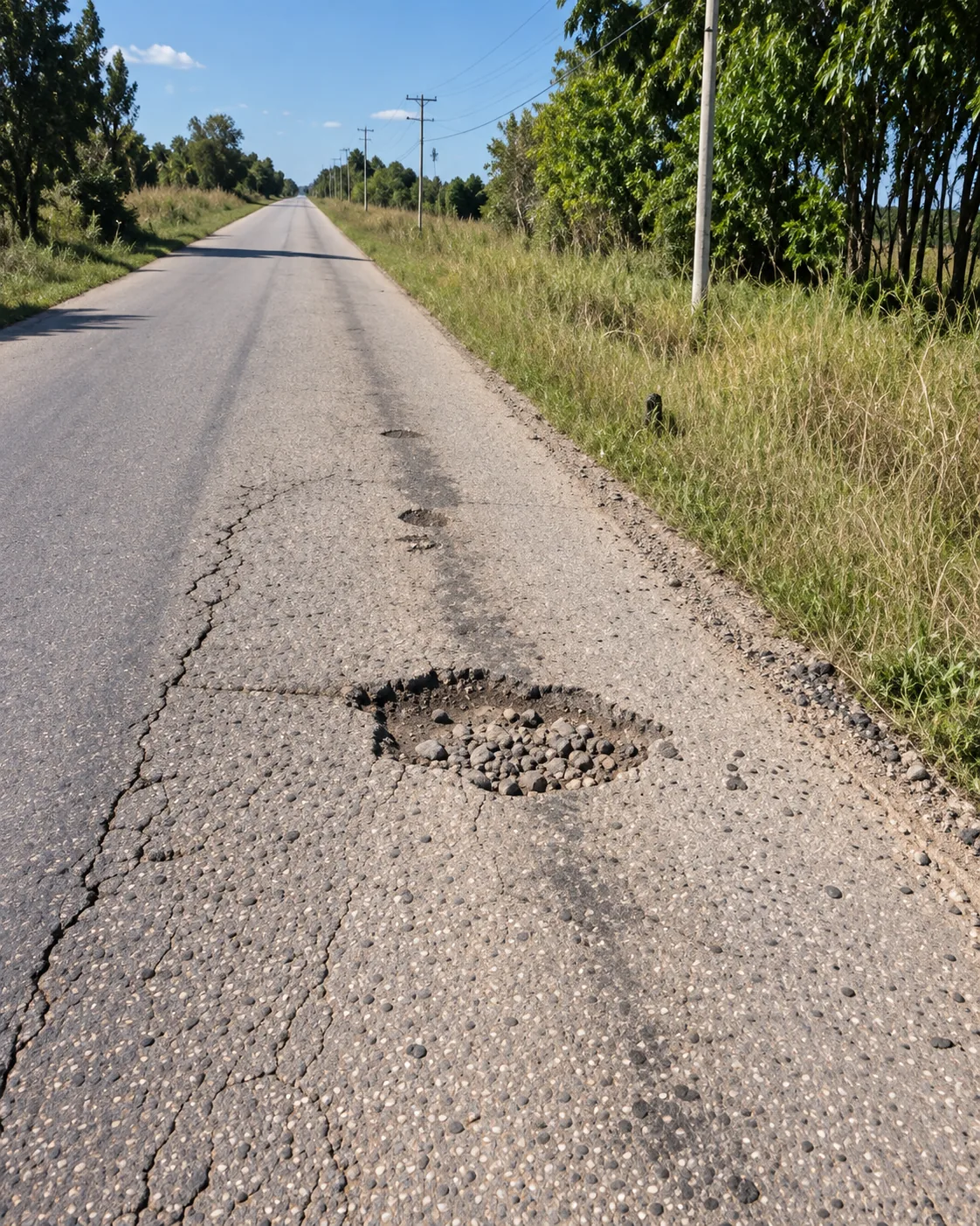 Condición previa del pavimento: deterioro severo con baches profundos, desprendimiento de carpeta asfáltica y agrietamiento longitudinal antes del reciclaje in situ