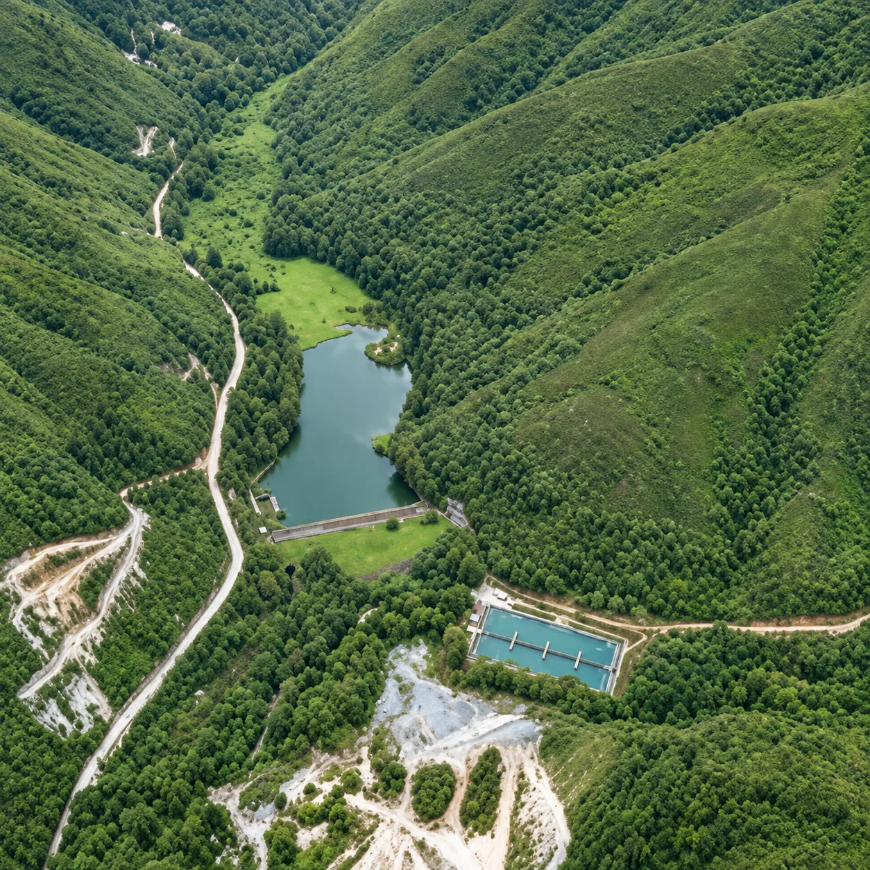Toma aérea del vaso del embalse, dique de contención, cuenca montañosa y tanques desarenadores y de almacenamiento aguas abajo