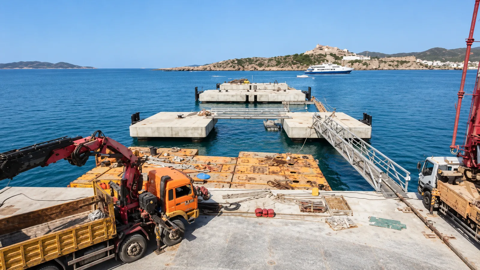 Frente de obra marítimo con módulos de muelle, barcazas de servicio, pasarelas de acceso y camiones grúa en operaciones portuarias