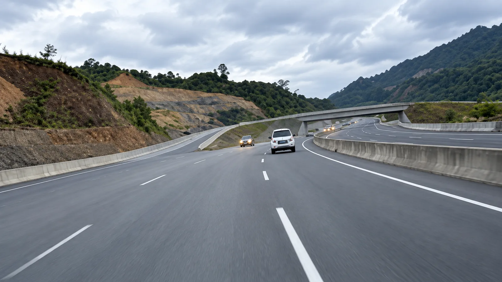 Calzada principal y defensas de concreto en sección de corte y viaducto