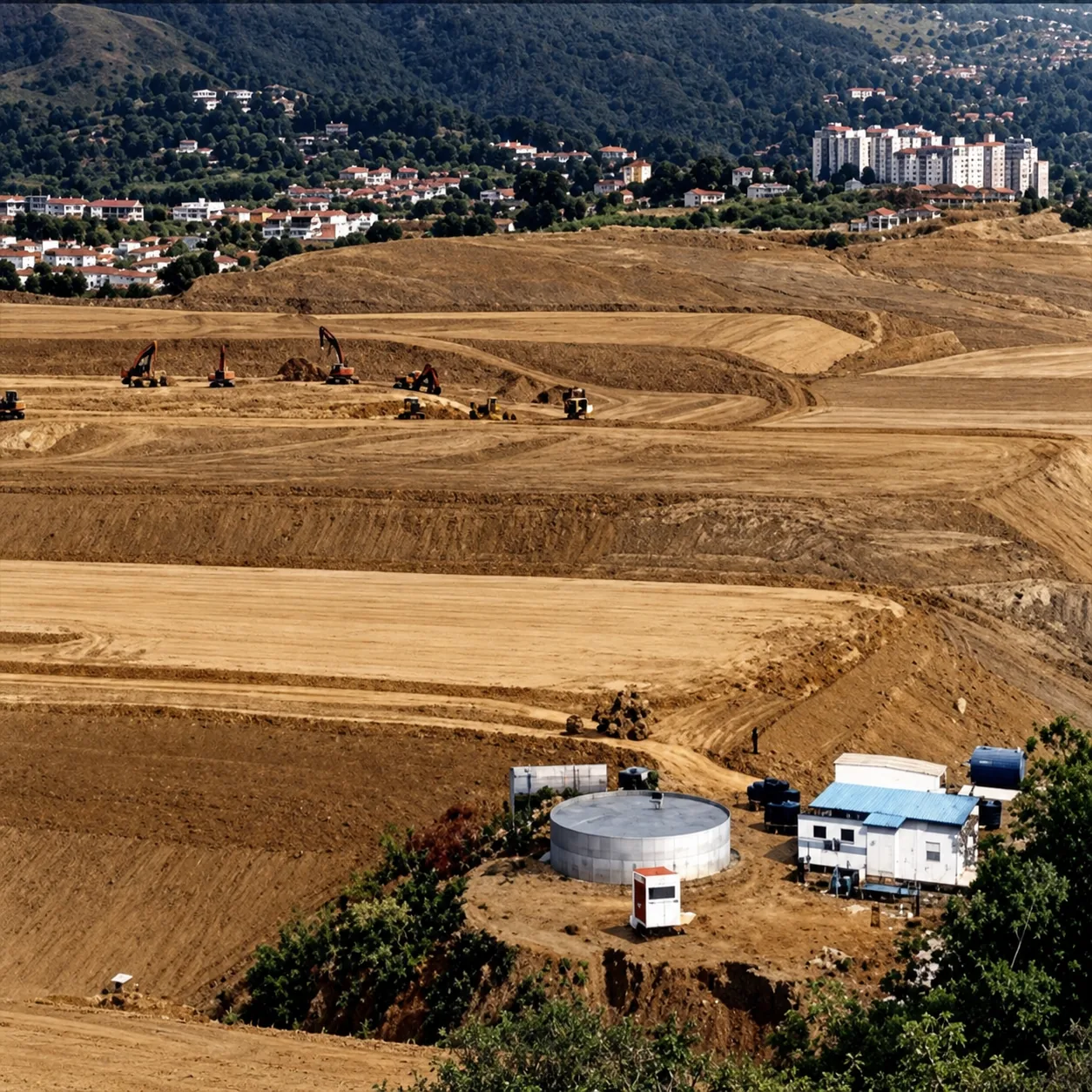 Perspectiva del escalonamiento de terrazas, despliegue de maquinaria pesada de excavación y campamento de soporte en obra