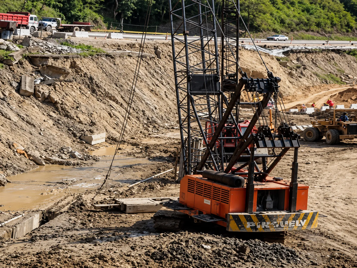 Grúa pesada de celosía operando al pie del talud colapsado del terraplén, coordinando maniobras con el tránsito activo en la calzada superior de la ARC