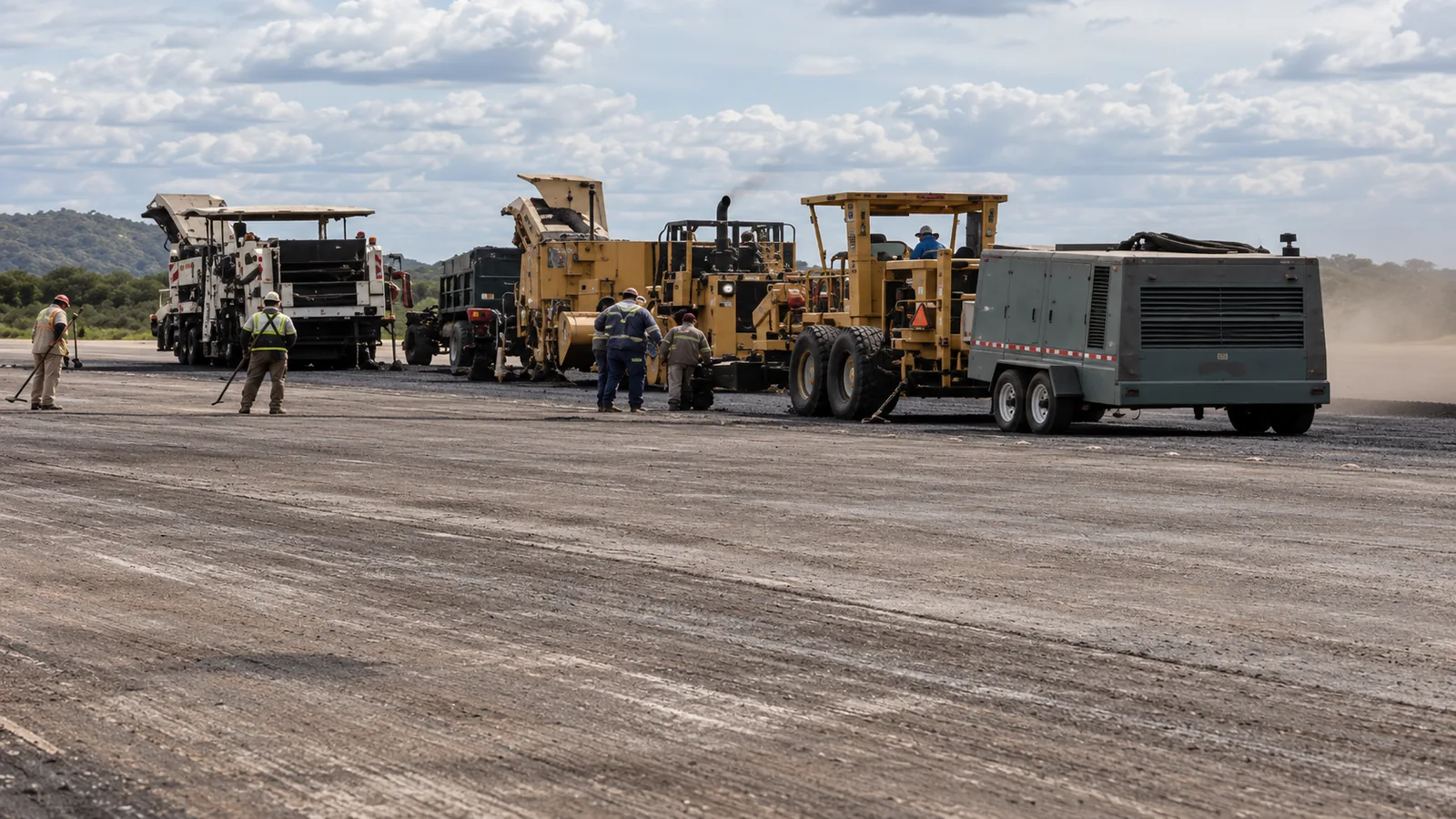Frente de obra pesado operando sobre la pista: máquina recicladora autonivelante, extendedora, camión de volteo y compresor industrial de soporte durante la ventana de trabajo diurna programada