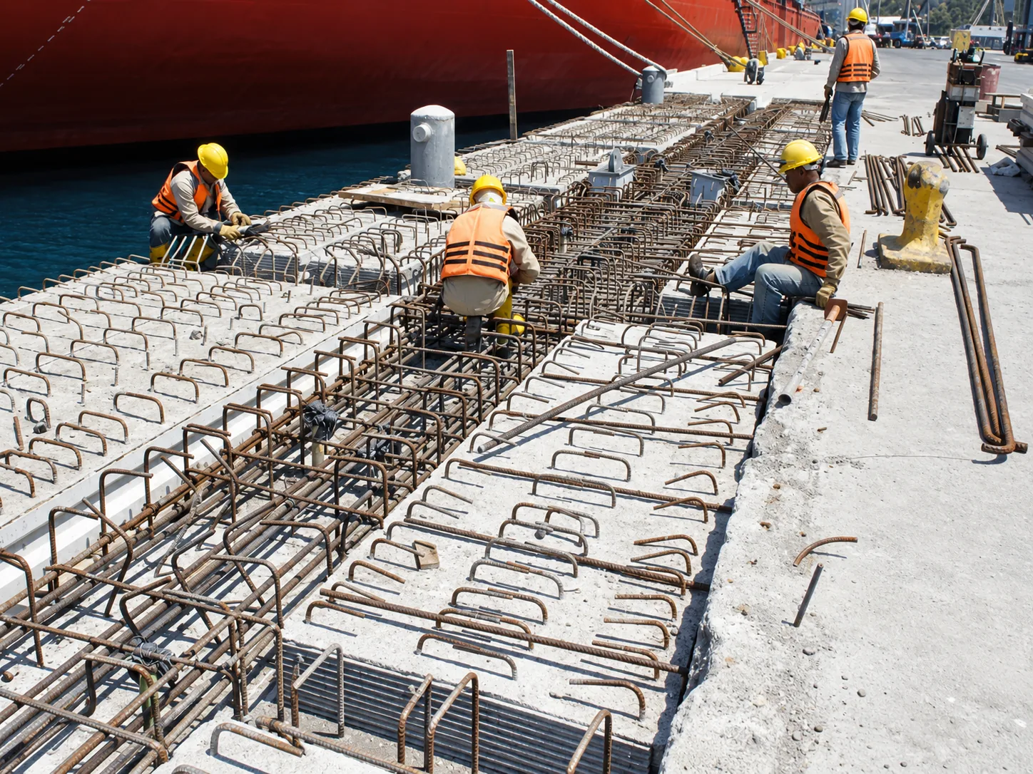 Armado de enfierradura estructural y vaciado de sobrelosa sobre vigas y losas prefabricadas de concreto con buque acoderado al muelle