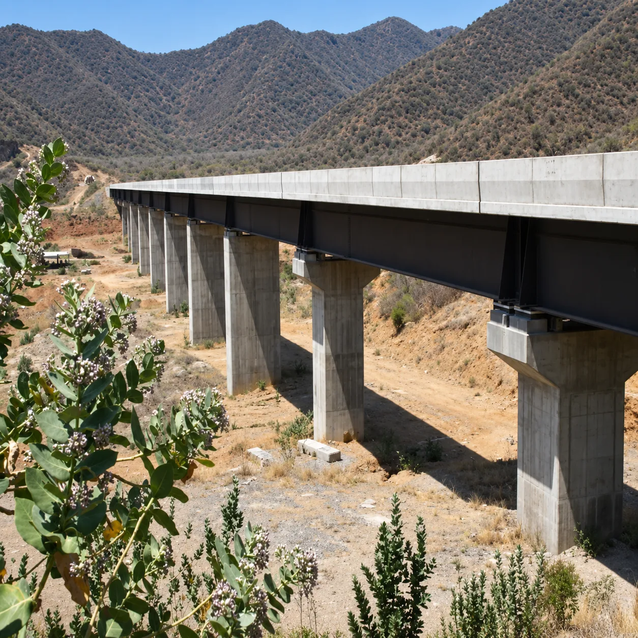 Viaducto ferroviario mayor: pilas de concreto armado vaciado en sitio, cabezales, vigas cajón continuas de acero estructural y losa superior de concreto en topografía accidentada