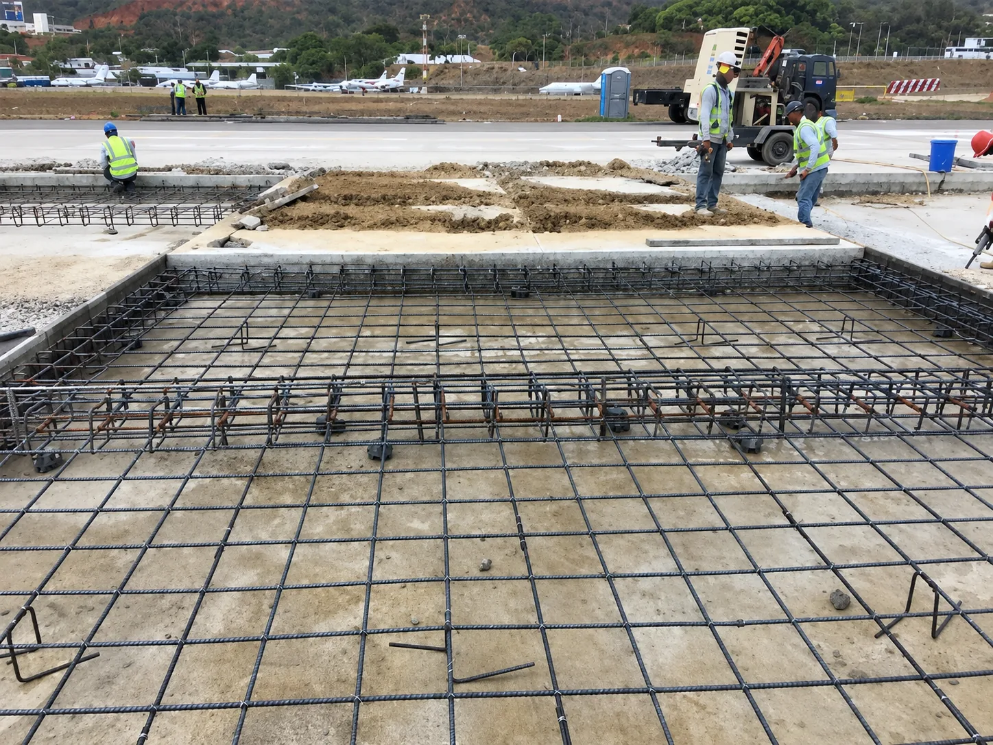 Armado de emparrillado de acero de refuerzo estructural y colocación de pasadores de transferencia de carga para las nuevas losas de pista