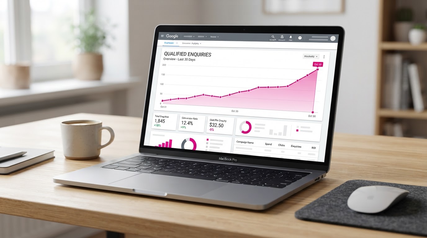Google Ads and SEO reporting dashboard showing enquiry performance