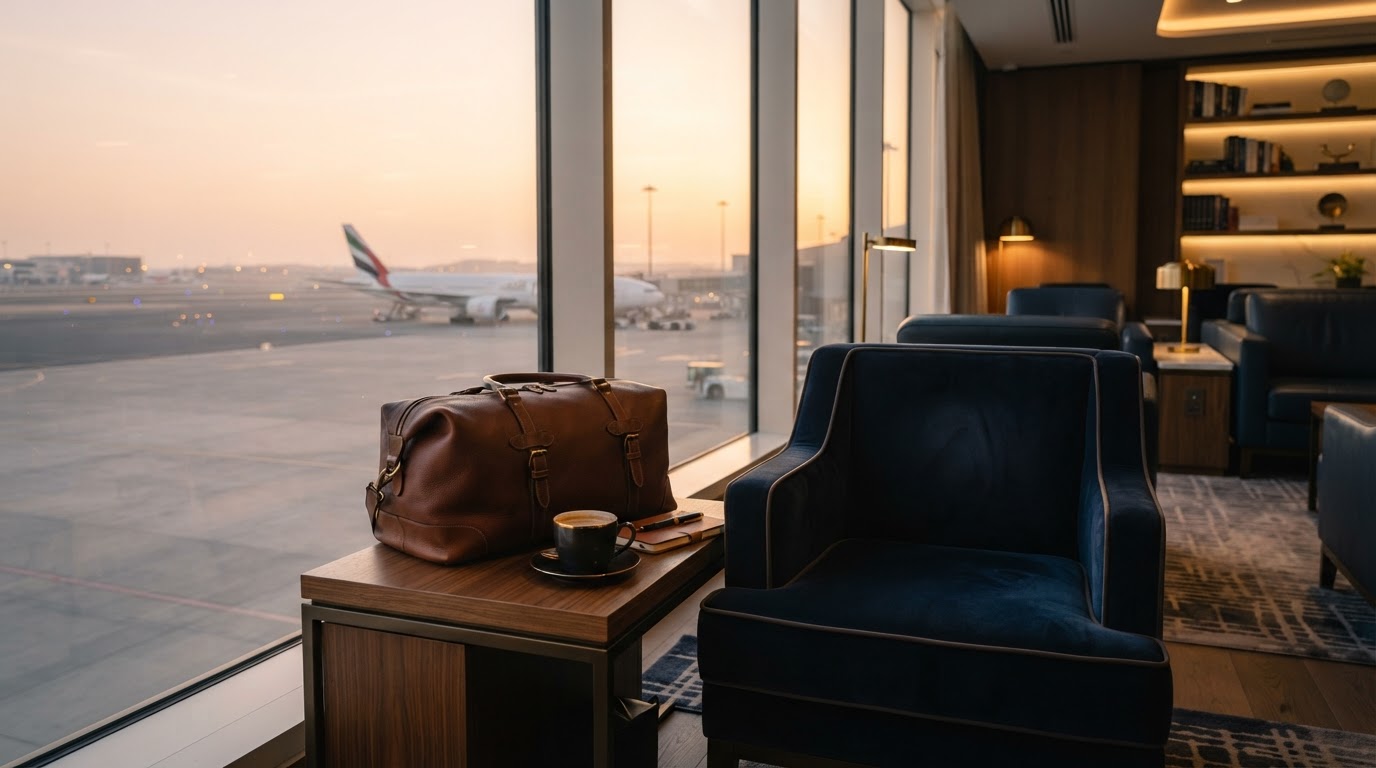 Serene luxury airport lounge at dawn with warm golden light