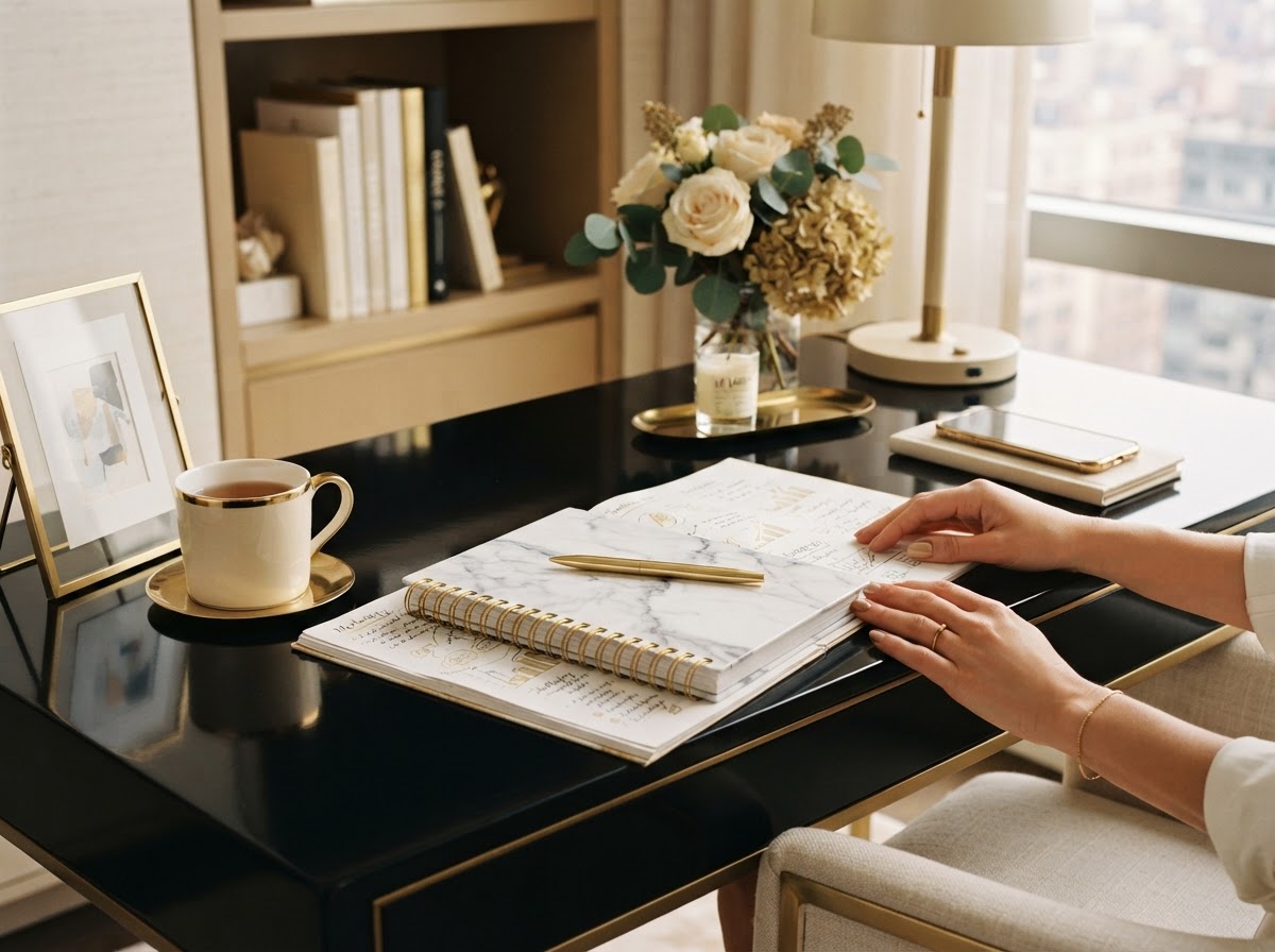 Elegant marketing strategist workspace with gold accents