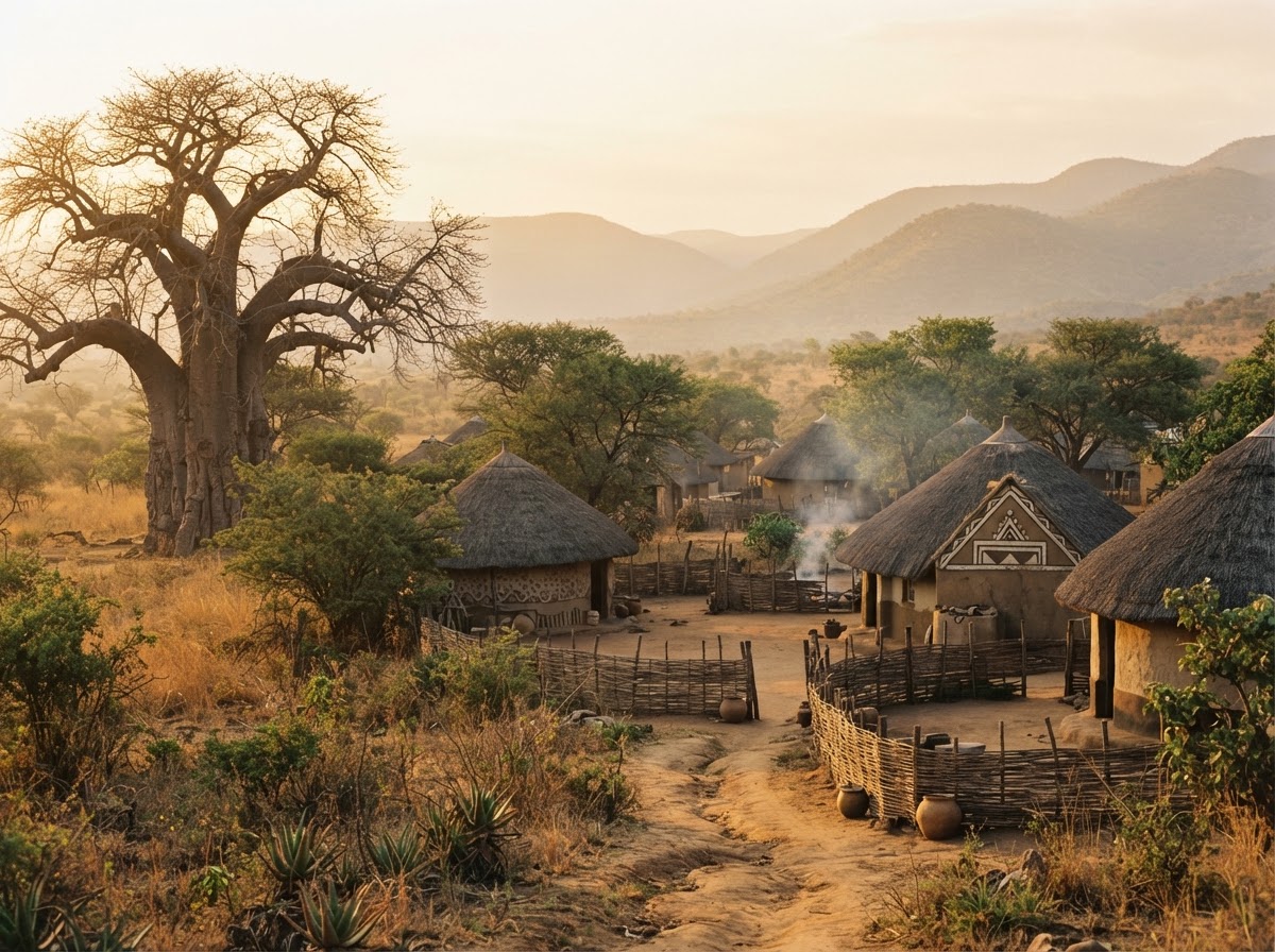 A rural village landscape in the Vhembe District of Limpopo, with a baobab tree and traditional homestead