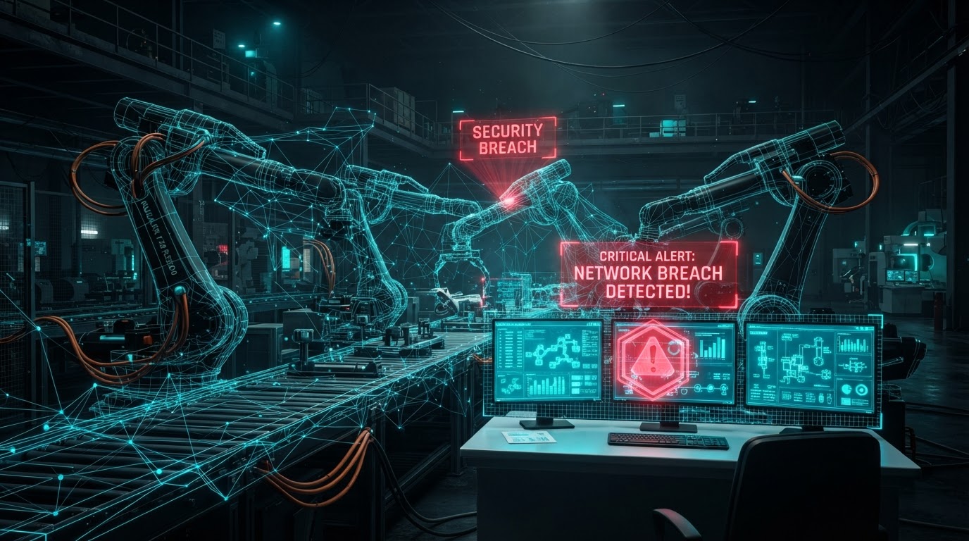 Factory robotic arms with SCADA threat-detection grid overlay