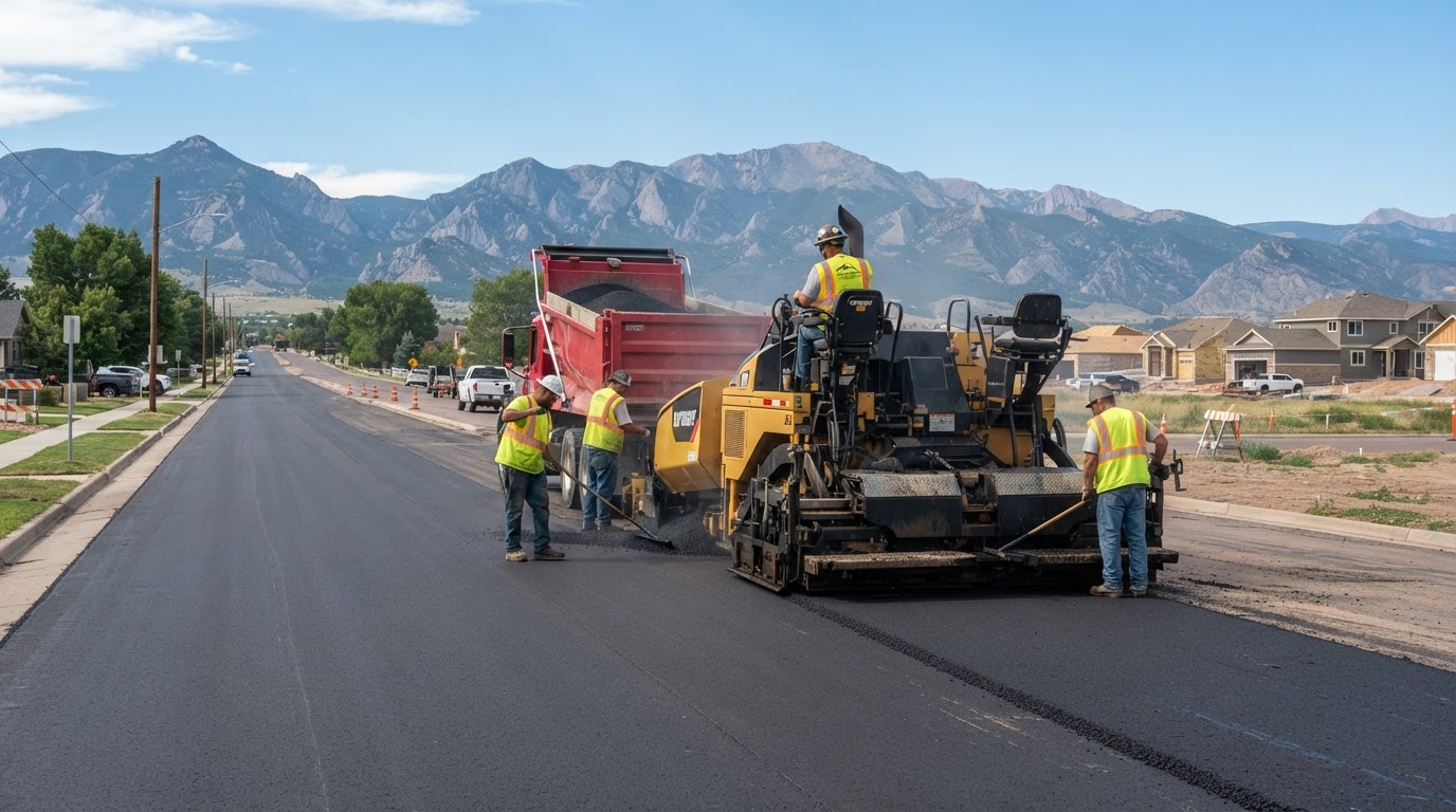 Asphalt paving machine laying fresh hot-mix on a Colorado roadway