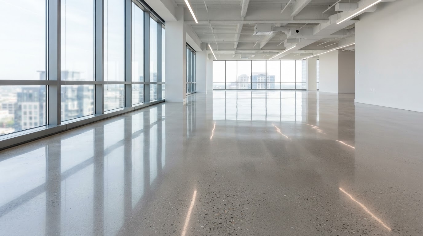 Polished concrete floor with glossy reflective finish