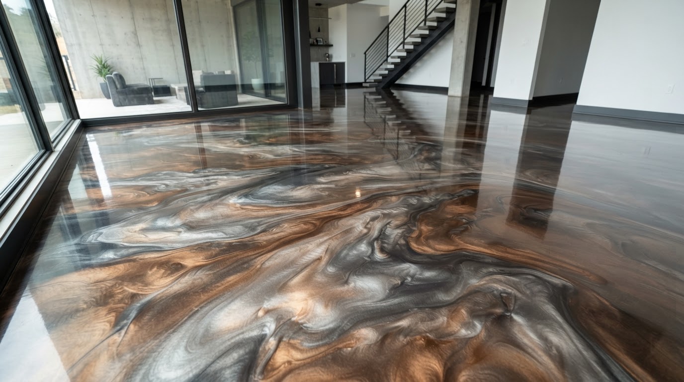Metallic epoxy floor with flowing marbled pigments