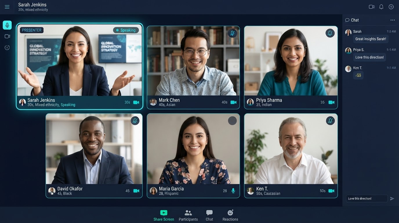 Presentación virtual con varios participantes en videollamada desde SmartNext Live