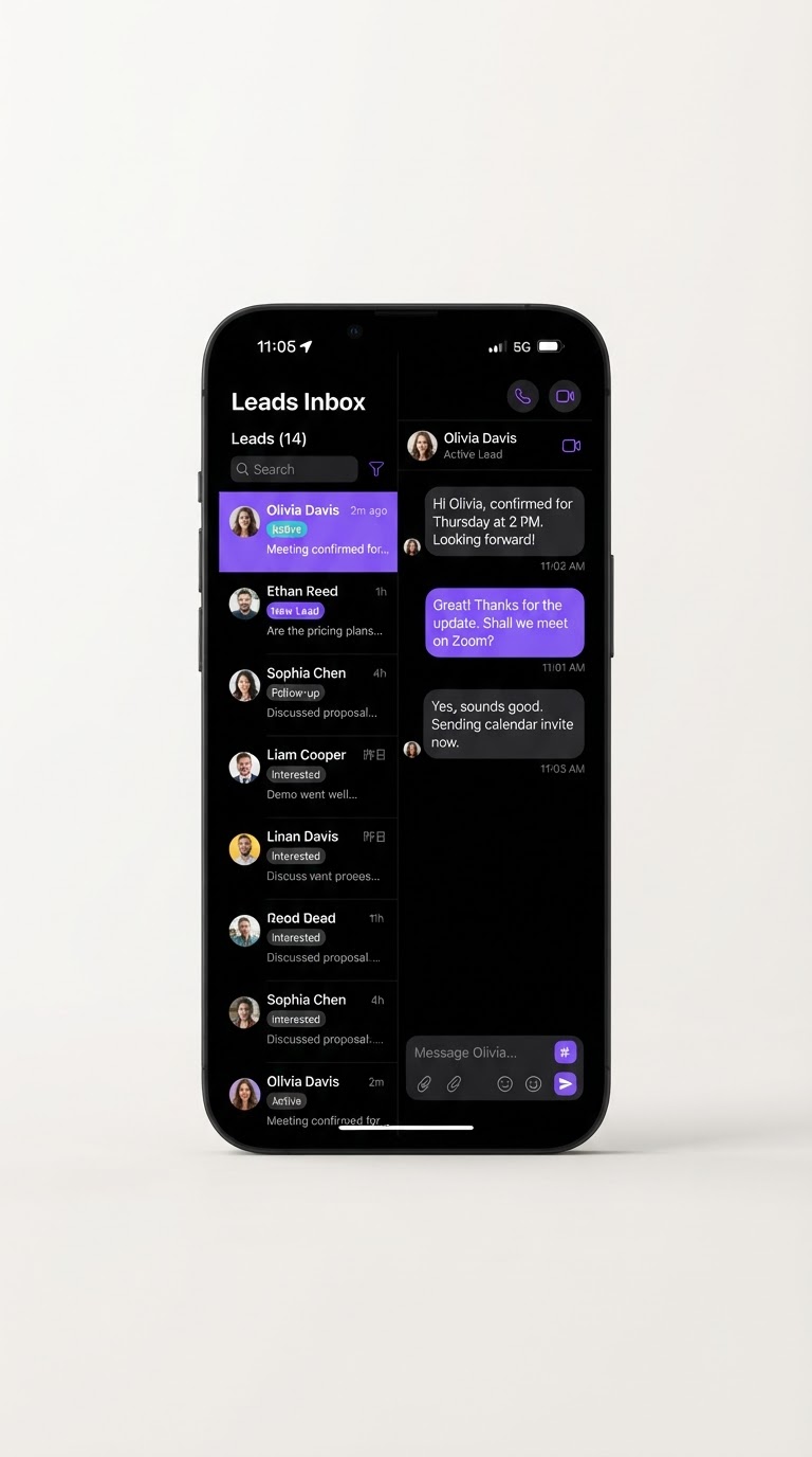 Smartphone showing a leads inbox and conversation in the Xfer Systems mobile app