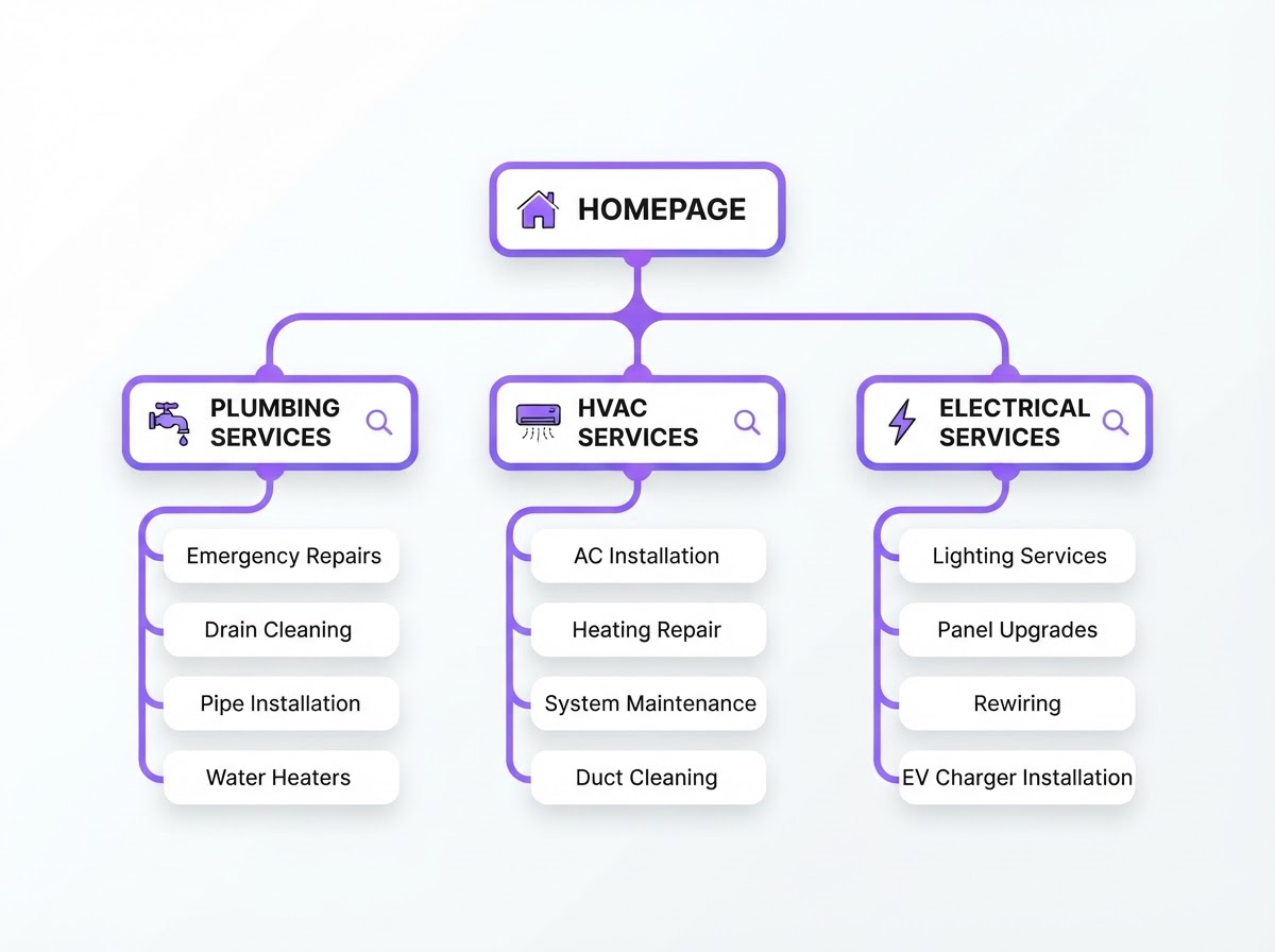 Website SEO structure diagram with homepage and service pages, built by Xfer Systems