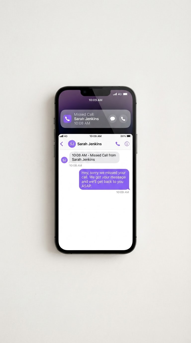 Smartphone showing a missed call followed by an automatic professional text response from Xfer Systems