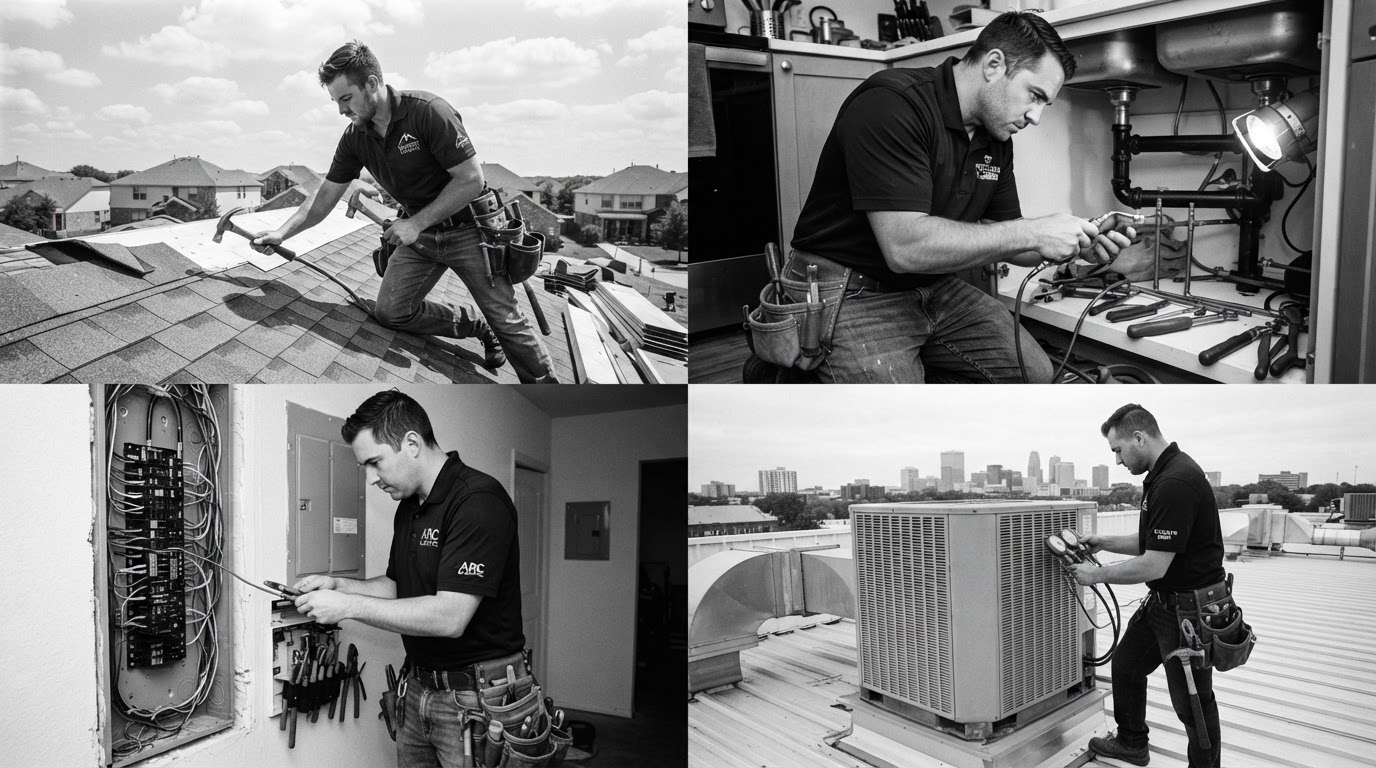Contractors including roofers, plumbers, electricians and HVAC technicians in their work environments