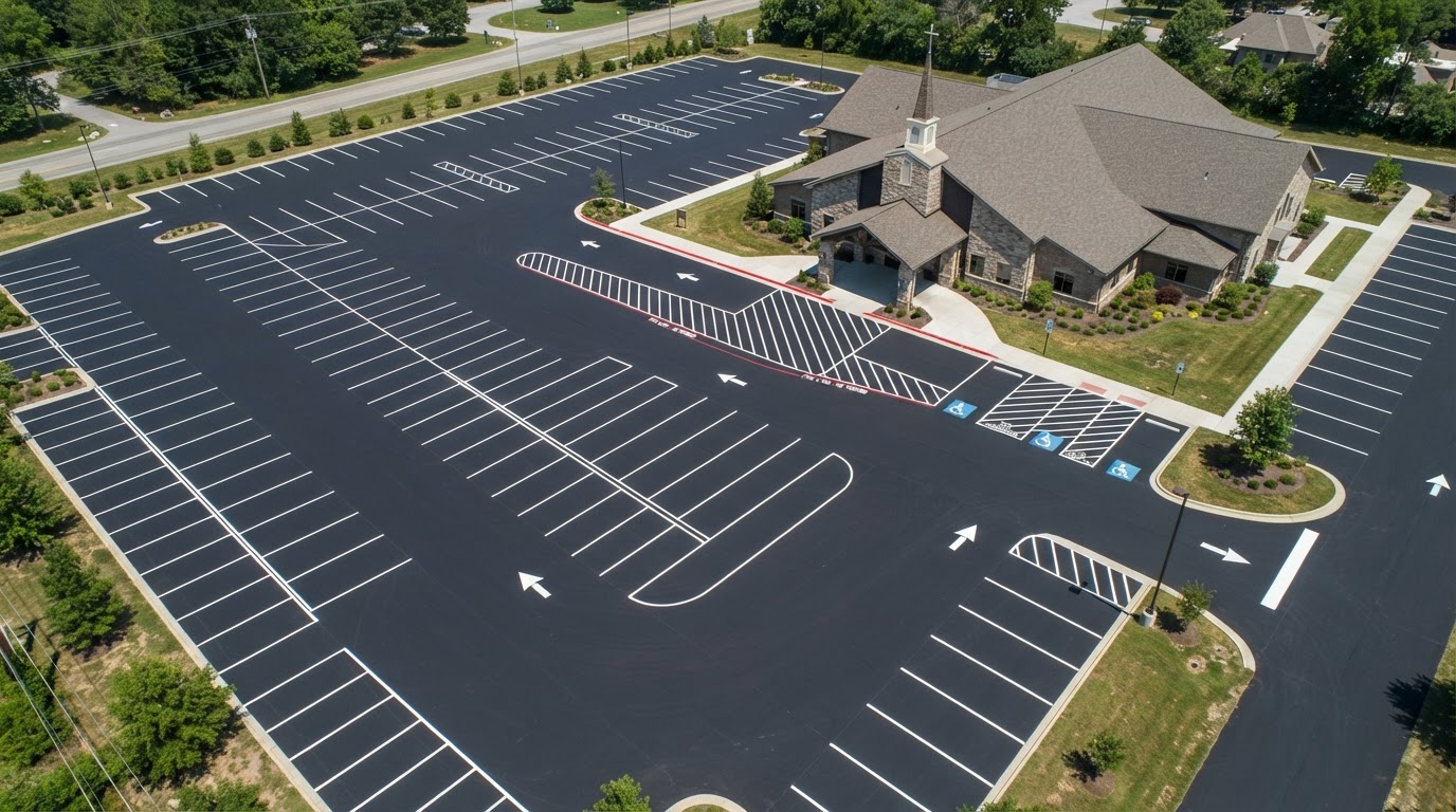 Aerial view of a freshly striped Houston commercial parking lot