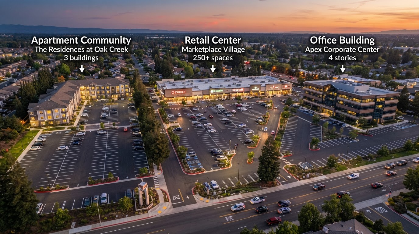Aerial view of commercial parking lots across Houston and Harris County properties