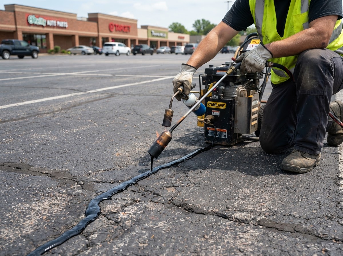 Professional crack filling on a Houston parking lot with fresh sealant in pavement cracks