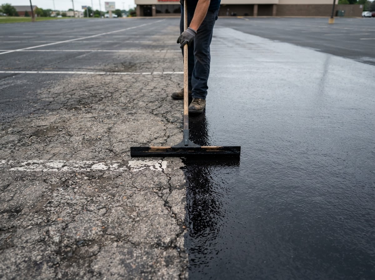 Houston sealcoating showing deep black freshly sealed asphalt beside aged gray pavement