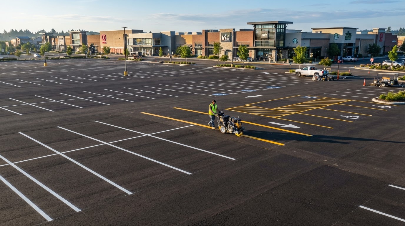 Houston commercial parking lot being striped with a professional striping machine and fresh bright white parking lines