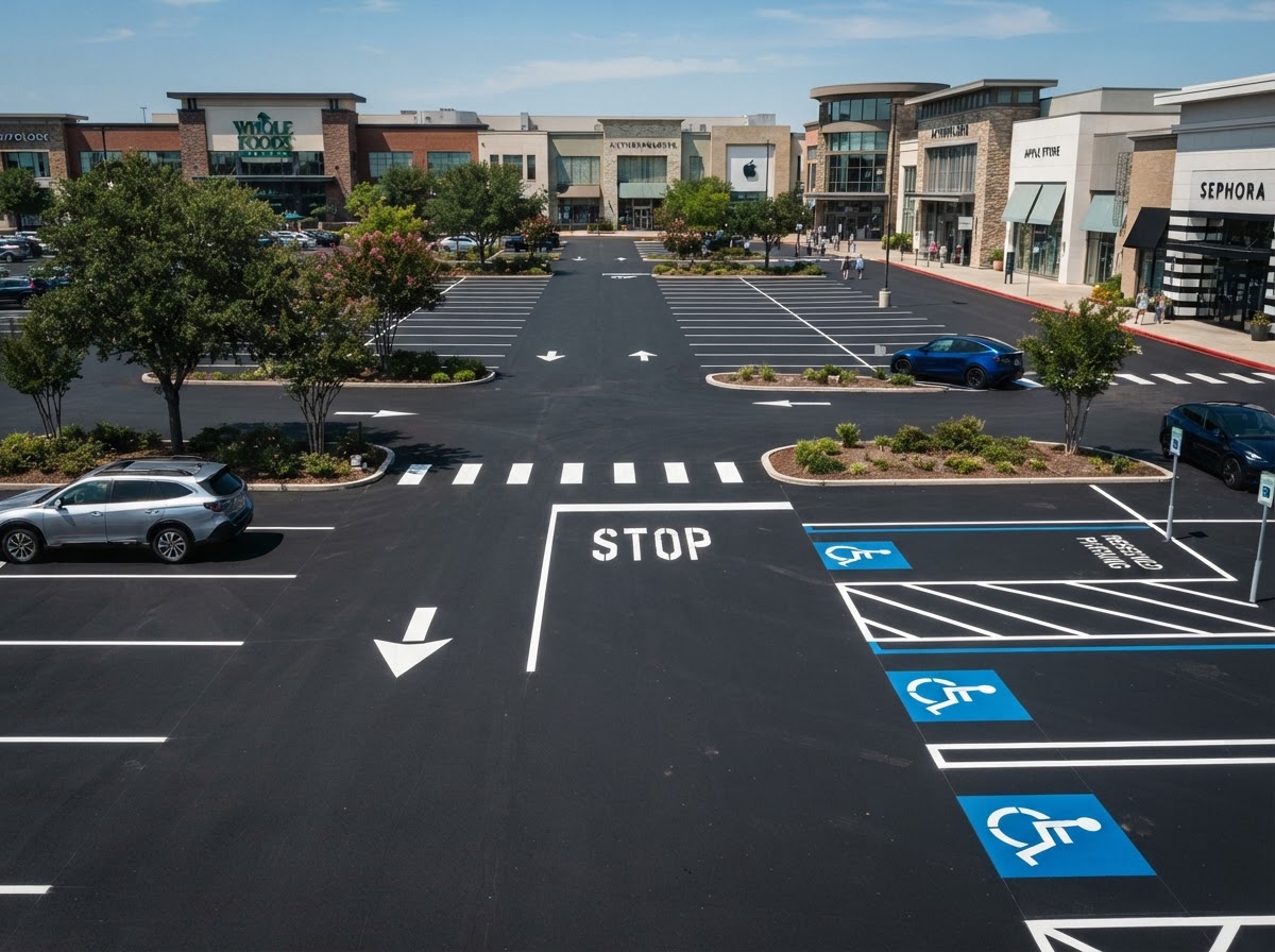 Freshly striped Houston commercial parking lot with crisp white parking lines and directional arrows