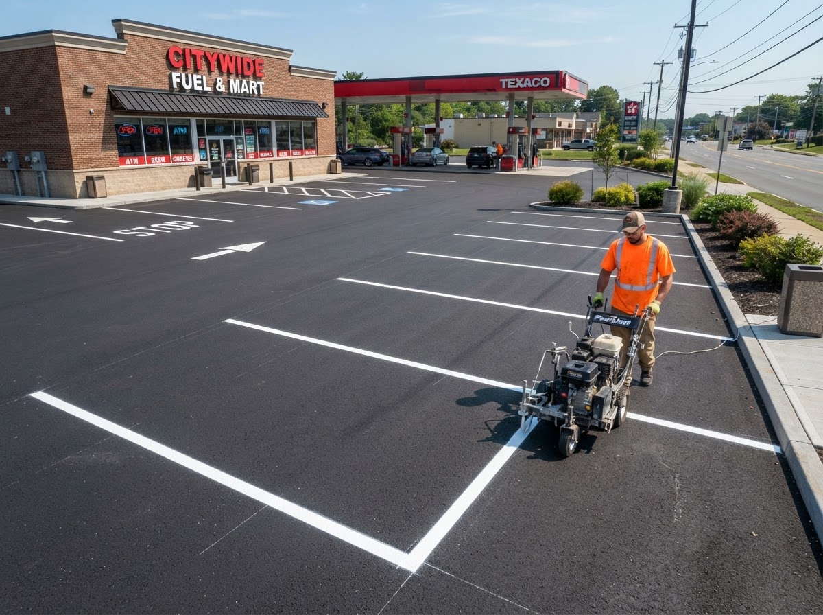 Small Houston retail parking lot being striped with fresh bright white lines