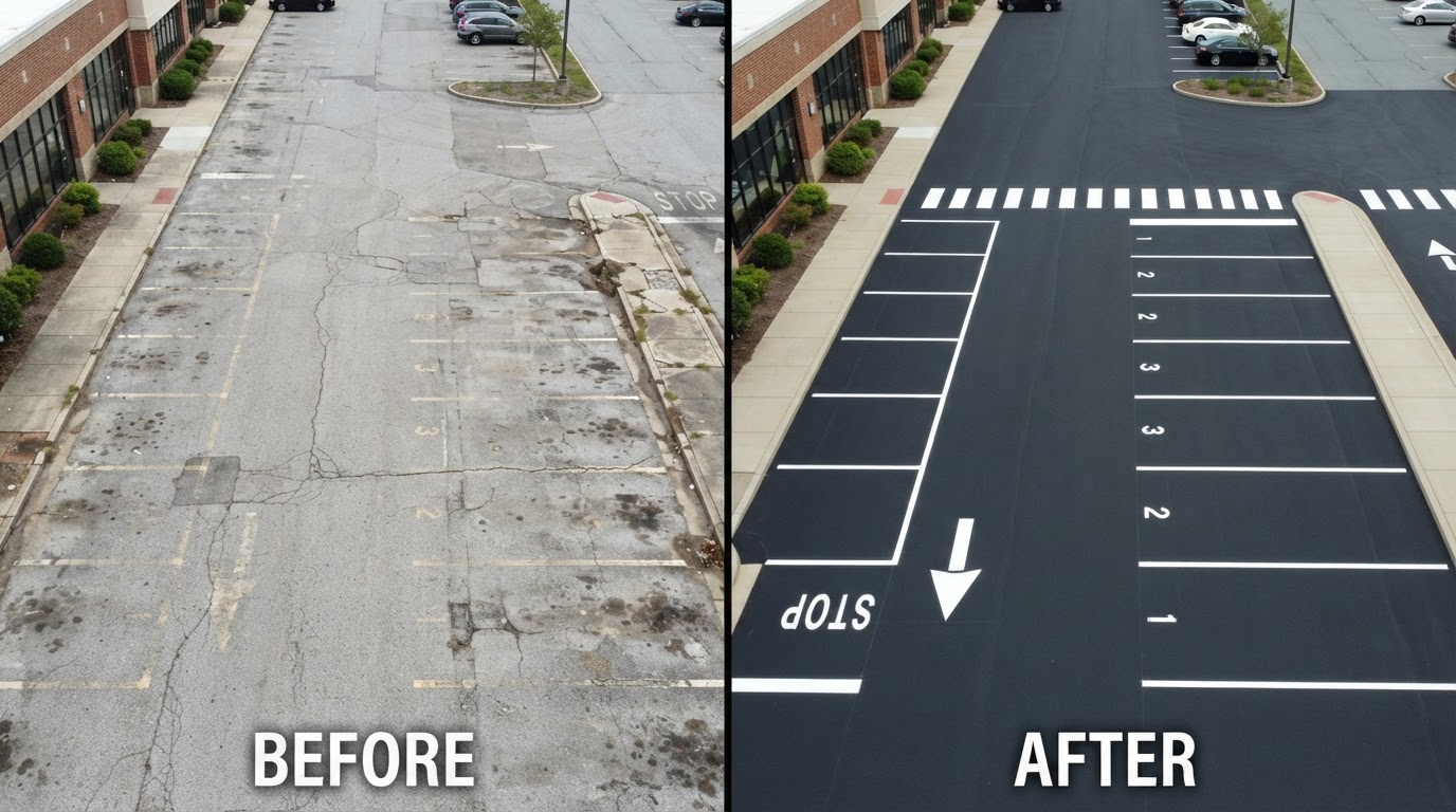 Before and after comparison of a striped parking lot